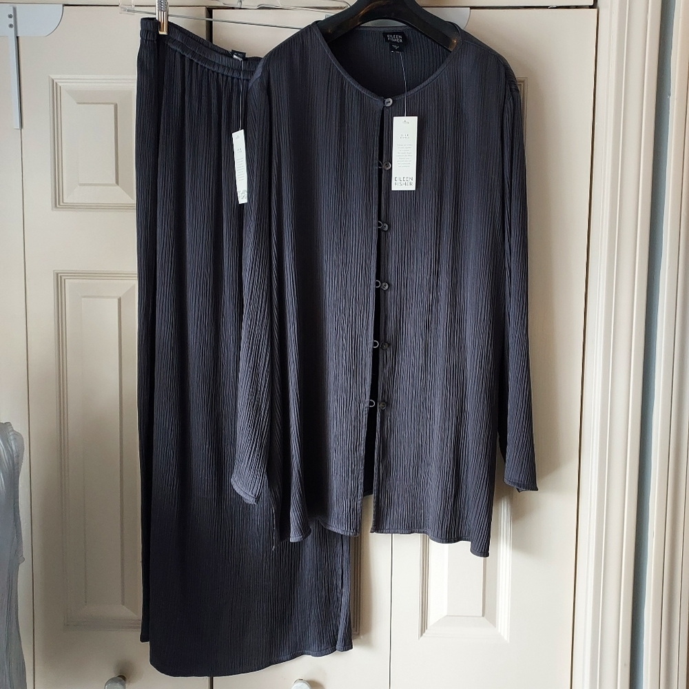 NWT Eileen Fisher 100% Silk Ripple Tunic And Skirt In Charcoal